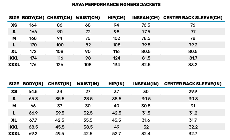 2025 Nava Performance Womens Jackets 0 Size Chart
